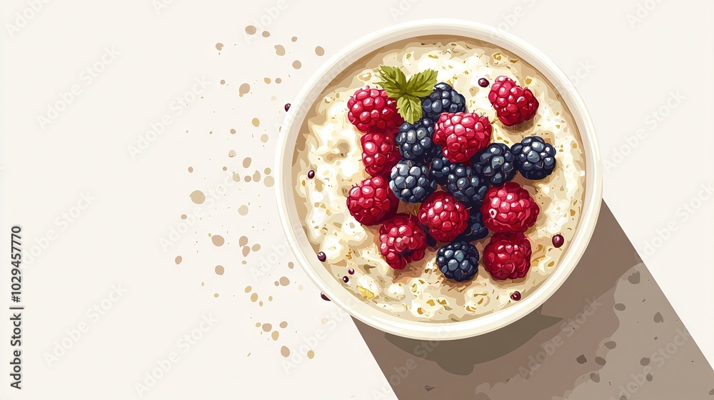 Oatmeal bowl with raspberries and blueberries on a white table Oatmeal bowl with raspberries and blueberries on a white table