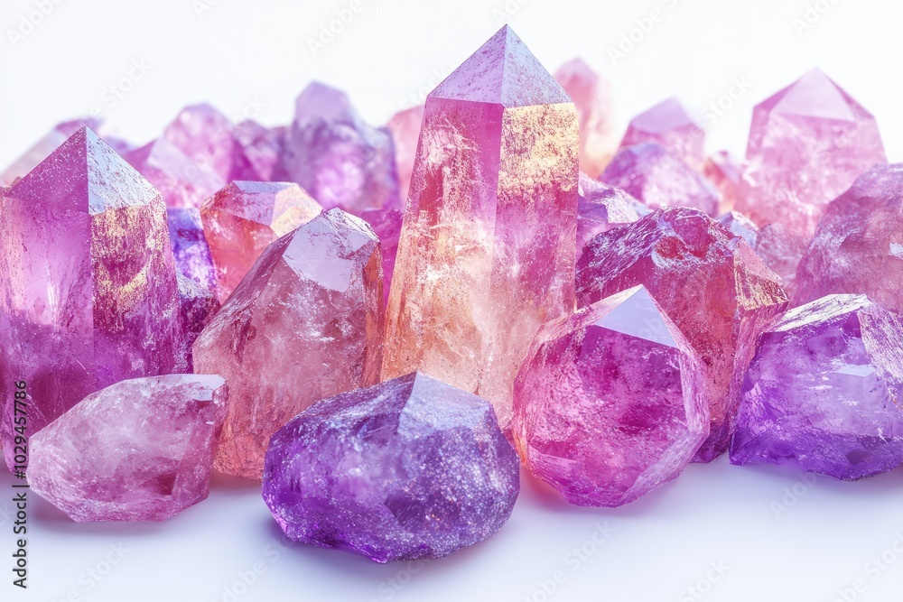 Group of pink and orange crystals on white background