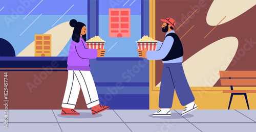 People with popcorn outside theater colorful scene. Two individuals holding popcorn walking on a sidewalk near a building. Bright colors flat design