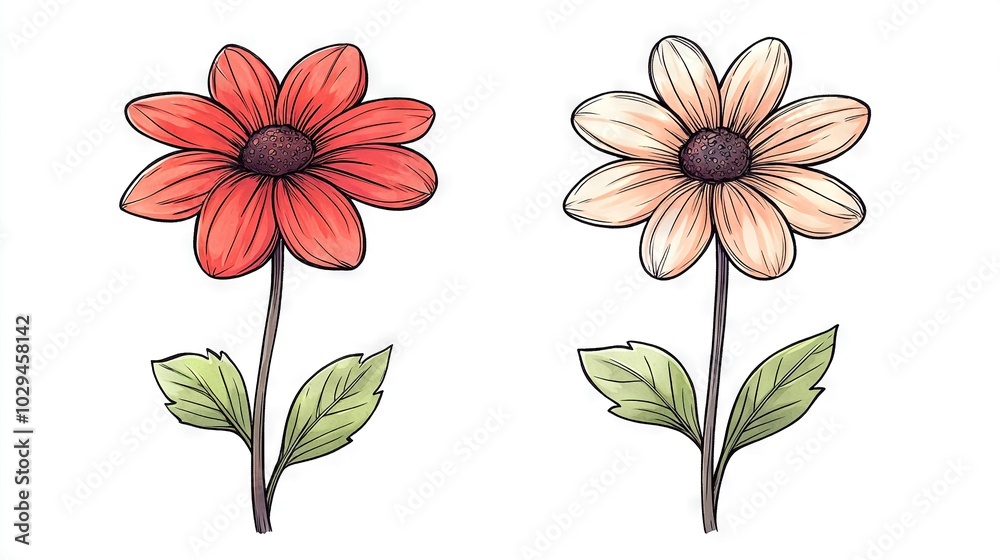 Three green-stemmed flowers drawn in shades of red Three green-stemmed flowers drawn in shades of red