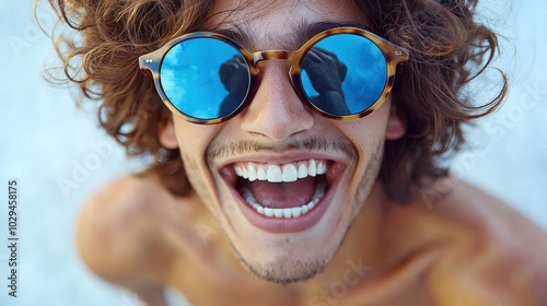 A young man with curly hair and sunglasses enjoys a joyful moment at the beach in bright sunlight, capturing the essence of summer fun