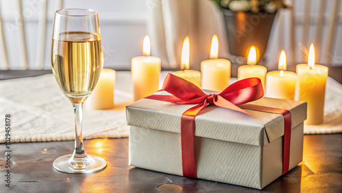 A festive atmosphere is highlighted by a glass of sparkling wine, a tastefully wrapped gift adorned with a ribbon, and candles providing a warm glow