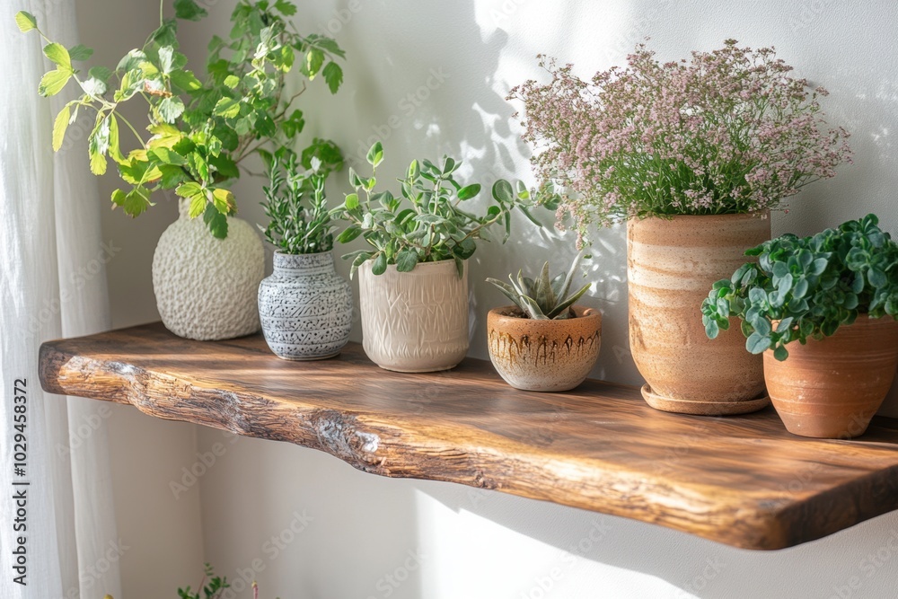 Fototapeta premium natural minimalist decor, serene living room featuring japandi farmhouse decor on a weathered wooden shelf, combining natural textures with minimalist elegance