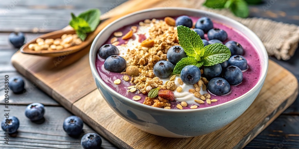 smoothie bowl with blueberries coconut flakes granola and mint smoothie bowl with blueberries coconut flakes granola and mint