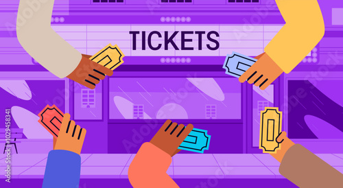 Hands holding tickets in front of theater. Colorful tickets held by diverse hands in front of a purple theater facade. Flat design for website or banner