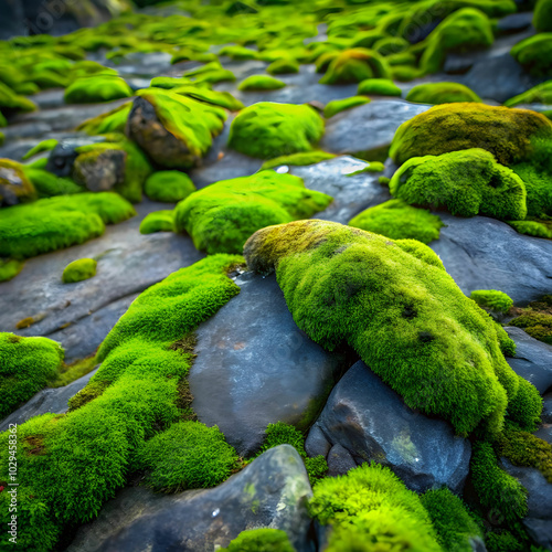 A moss-covered rock texture displays vibrant green patches,