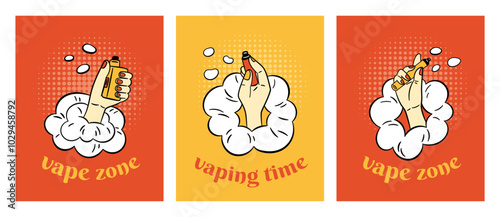 Smoking electronic cigarettes. Vape posters in comics style. Hands holding vaping devices. Tobacco smoking simulation. Arm in smoke cloud. E-cig advertising banners garish vector set
