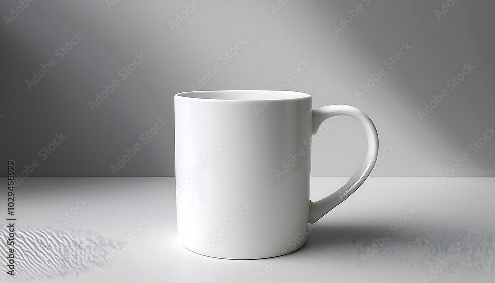 Fototapeta premium Simple white ceramic mug mockup centered on soft light gray background with subtle shadow for design purposes. Generative AI