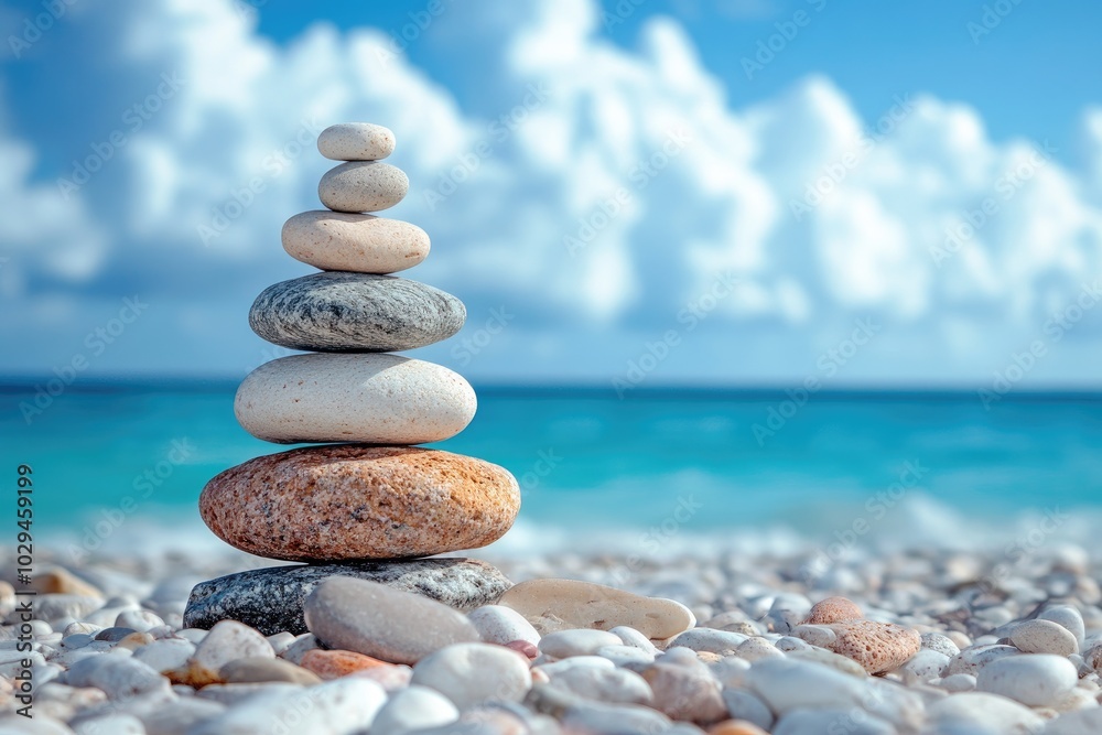 Stack of white and grey pebbles balancing on top of each other on the beach Stack of white and grey pebbles balancing on top of each other on the beach