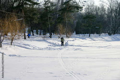 Children play in the snow on a sunny winter day in the park