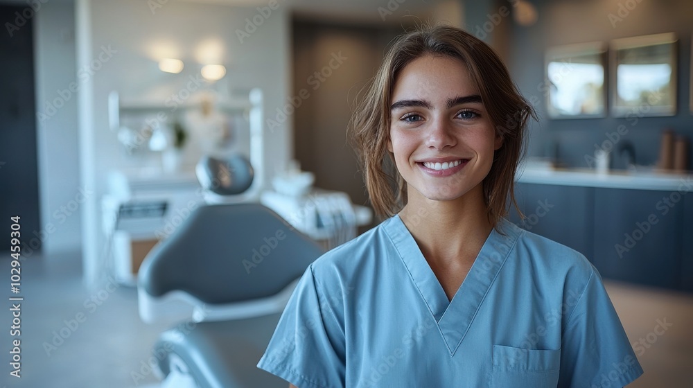 Young dental assistant smiling confidently in a modern clinic with dental equipment visible in the background