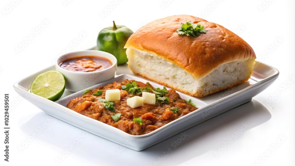 Minimalistic yet delicious Pav Bhaji dish isolated on white background Minimalistic yet delicious Pav Bhaji dish isolated on white background