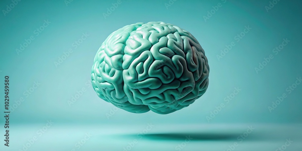mint green brain floating in mid air against light blue background mint green brain floating in mid air against light blue background