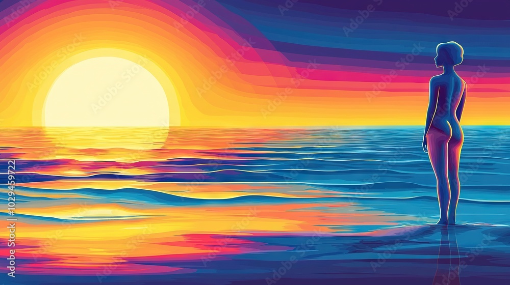 A person stands in the sunset ocean, with the sun above and water below A person stands in the sunset ocean, with the sun above and water below