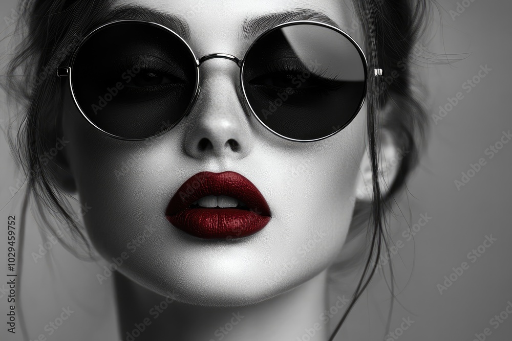 Beautiful woman wearing sunglasses posing in black and white with red lips Beautiful woman wearing sunglasses posing in black and white with red lips