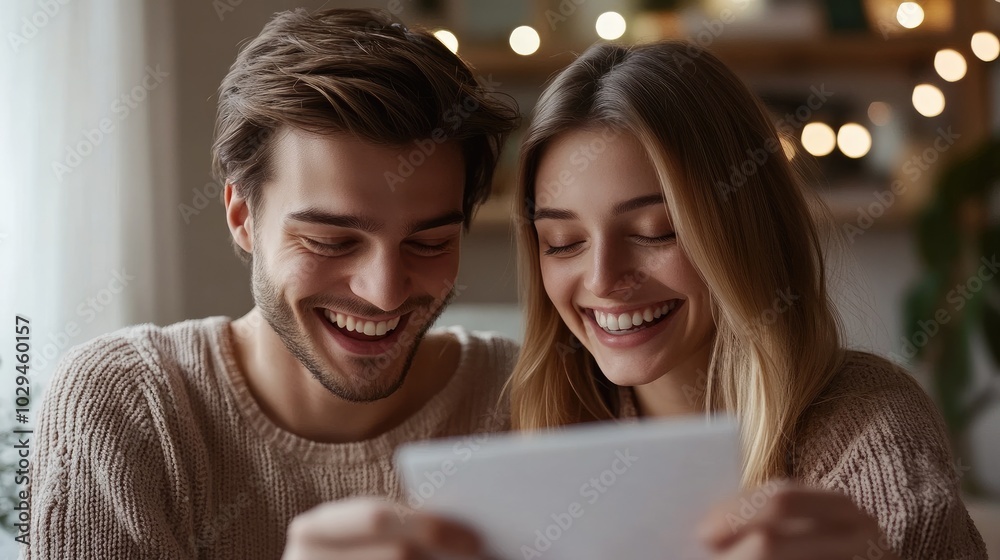 Happy couple laughing and using digital tablet at home Happy couple laughing and using digital tablet at home