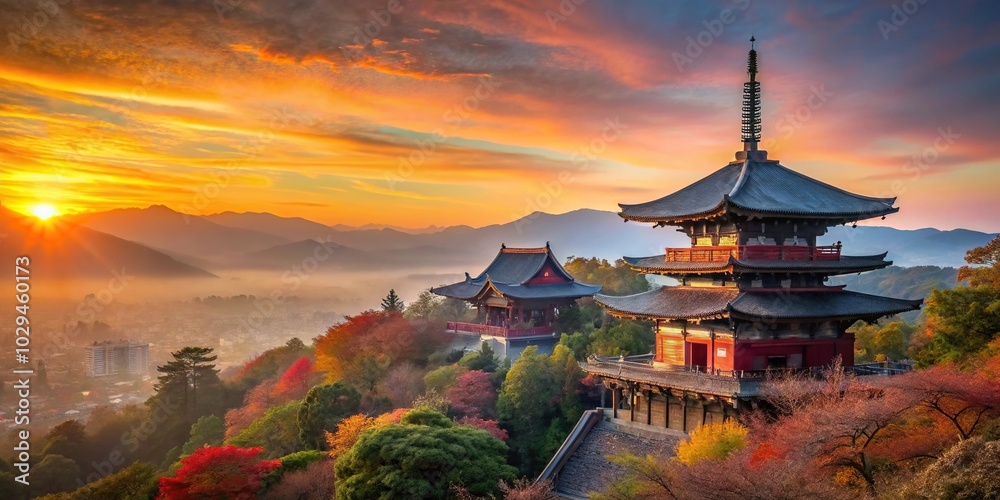 Obraz premium Sunrise over Sanjunoto pagoda and Kiyomizu dera Temple in autumn season Kyoto Tilted Angle