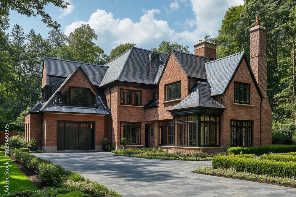 Large brick house with slate roof and attached garage sitting on lush property Large brick house with slate roof and attached garage sitting on lush property