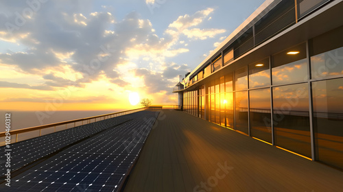 A close-up of solar panels on a modern building, integrated seamlessly into the architectural design.