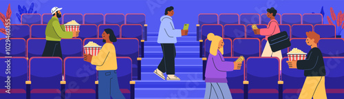 People attending cinema theater holding popcorn. Diverse individuals walking in aisles with snacks and tickets. Bright colors blue background. Website banner template