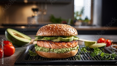 The famous German burger with salmon and avocado cream. photo