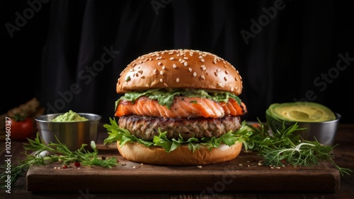 The famous German burger with salmon and avocado cream. photo