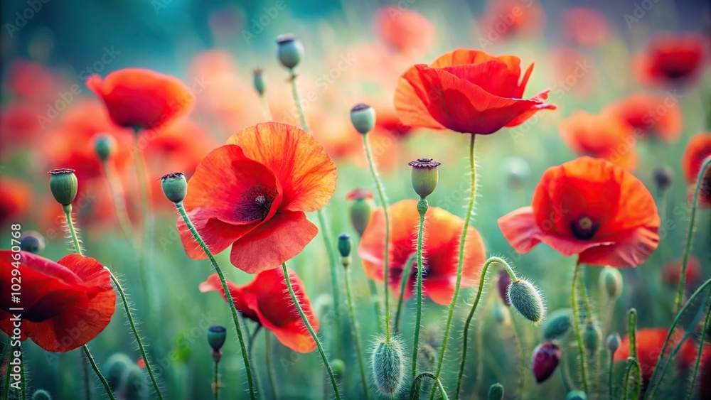 Naklejka premium Soft focus field of red poppies, ideal for nature and floral photography
