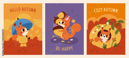 Cute squirrels. Autumn time cards. Redheads animals. Forest characters. Rodents stock up on nuts and acorns for winter. Hello fall season. Woodland mammal with pumpkin. Garish vector set
