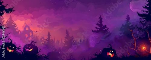 Halloween background, purple theme, pumpkins, dark trees, fog, night sky, large top left copy space, detailed vector art, spooky. photo