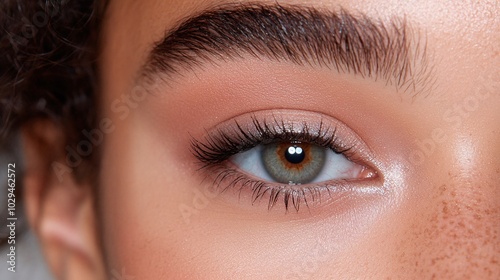 Close-Up of Freckled Woman's Eye, Natural Makeup, Curly Hair, Blue Background, Minimalist Beauty Concept, Freckles, Green Eye, Makeup Details, Copy Space for Text