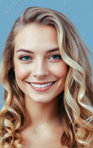 Close-up portrait of stunning blonde with bright smile. Beautiful hairstyle, women's cosmetics and skin care concept.