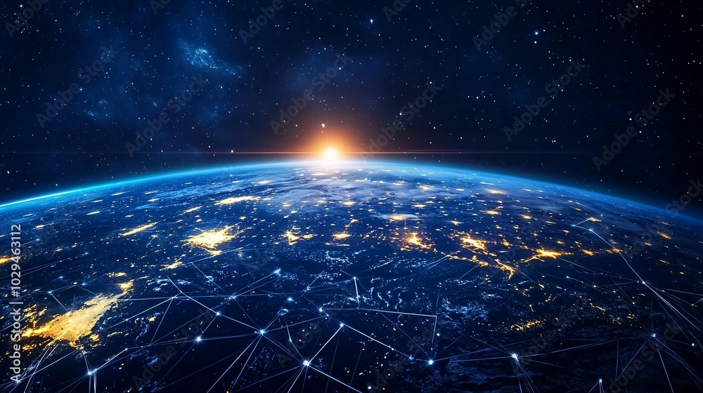 Obraz premium Earth with a Global Network of Interconnected Lines and Cities Illuminated at Night