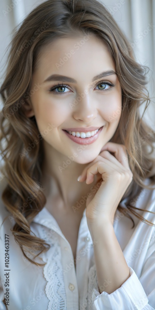 A smiling woman with wavy hair wearing a white blouse poses gracefully at home in bright natural light during the day. Generative AI