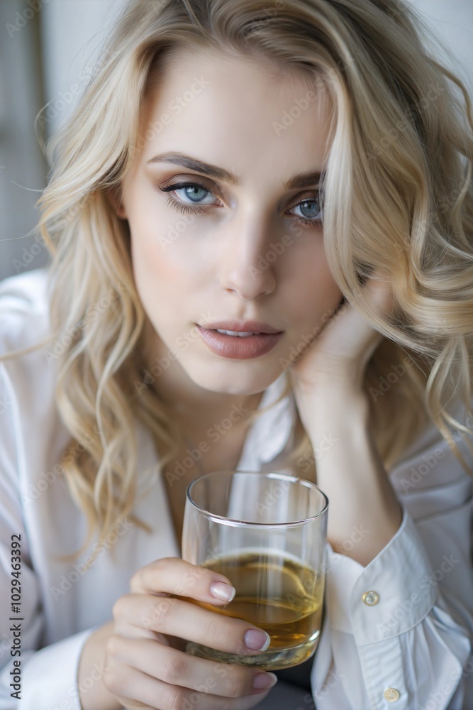 A young woman with wavy blonde hair enjoys a drink while gazing thoughtfully out the window during a cozy afternoon. Generative AI A young woman with wavy blonde hair enjoys a drink while gazing thoughtfully out the window during a cozy afternoon. Generative AI