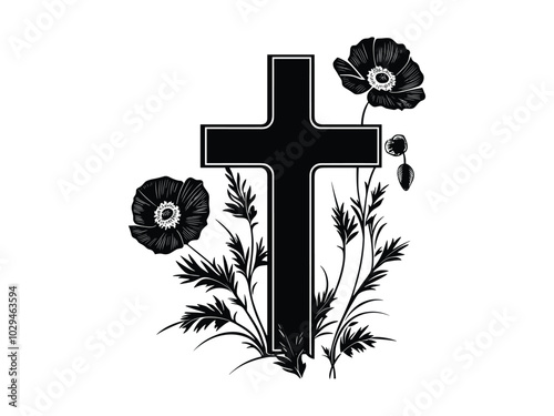 Veterans Day Cross with Poppies – Remembrance Silhouettes Design