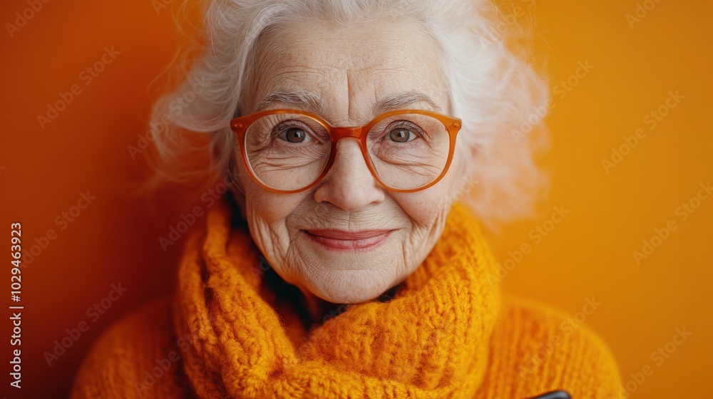 A close-up portrait of a smiling, elderly woman with white hair wearing round glasses and an orange sweater, against a bright orange background. A close-up portrait of a smiling, elderly woman with white hair wearing round glasses and an orange sweater, against a bright orange background.