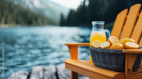 A picturesque scene captures a basket of fresh lemons and a jug of lemonade on an orange chair, with a serene lake and mountainous backdrop, exuding tranquility. photo