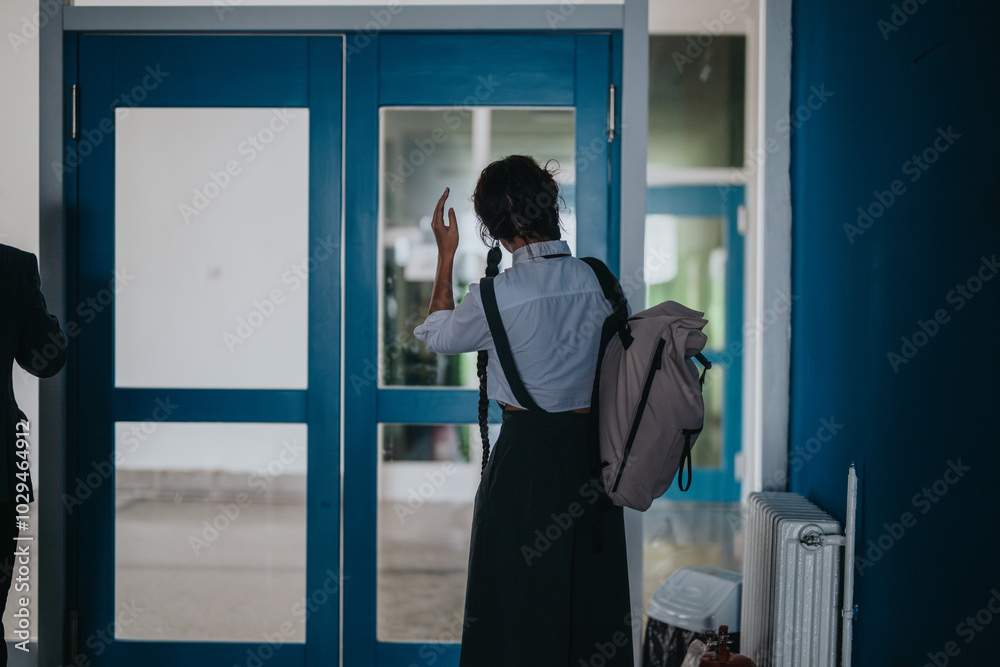 A student with a backpack is seen waving at a professor in a school hallway, suggesting a friendly exchange during a class break. The setting hints at an educational environment. A student with a backpack is seen waving at a professor in a school hallway, suggesting a friendly exchange during a class break. The setting hints at an educational environment.