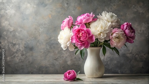 Fototapeta Naklejka Na Ścianę i Meble -  Symmetrical still life of pink and white peonies in white vase on textured gray backdrop