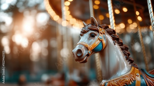 An intricately detailed carousel horse is displayed against a soft bokeh of lights, filling the scene with a magical and whimsical carnival feel at twilight. photo