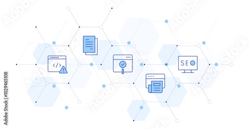 Seo Banner Vector Illustration with Icon Style in Between. Line Duotone icon. Containing article, seo, usability, report, coding