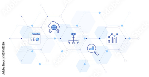 Seo Banner Vector Illustration with Icon Style in Between. Line Duotone icon. Containing seo, ranking, ranking factor, cloud, data analytics