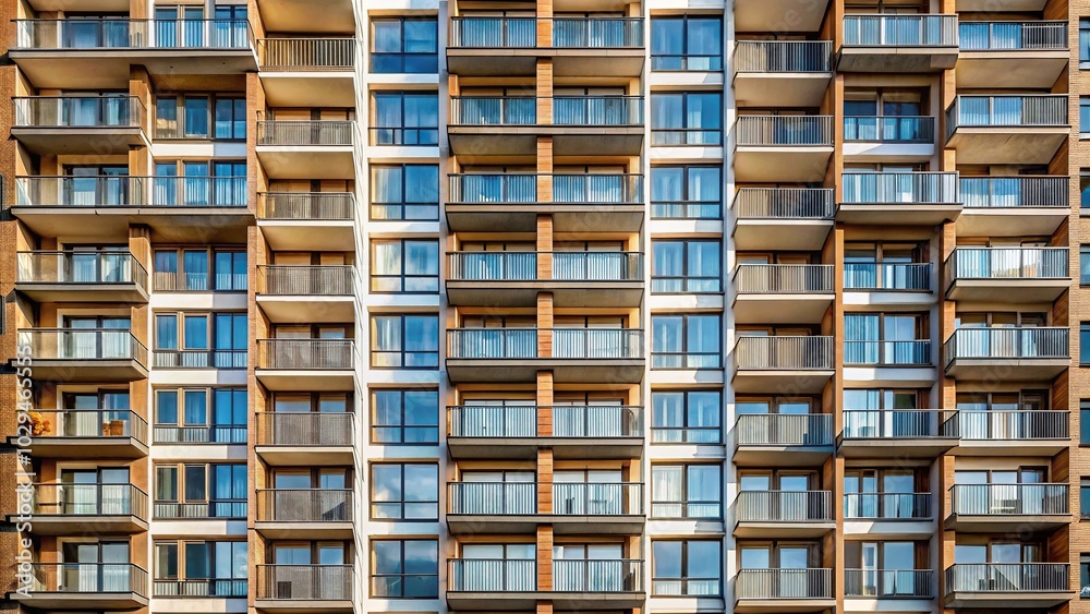 Tall building with many windows and a balcony Tall building with many windows and a balcony