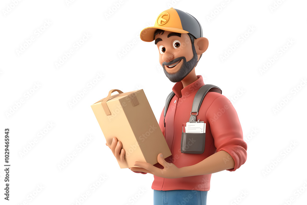A whimsical illustration of a delivery driver holding a package and a checklist, isolated on a white background A whimsical illustration of a delivery driver holding a package and a checklist, isolated on a white background