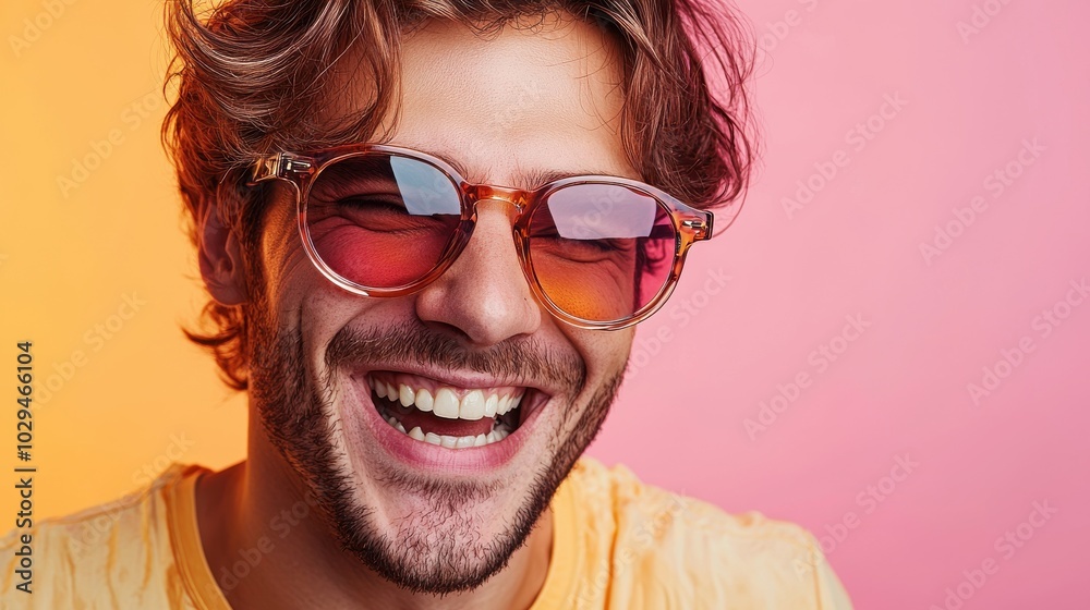 A smiling man in stylish sunglasses enjoys a bright sunny day against a vibrant pink orange background A smiling man in stylish sunglasses enjoys a bright sunny day against a vibrant pink orange background