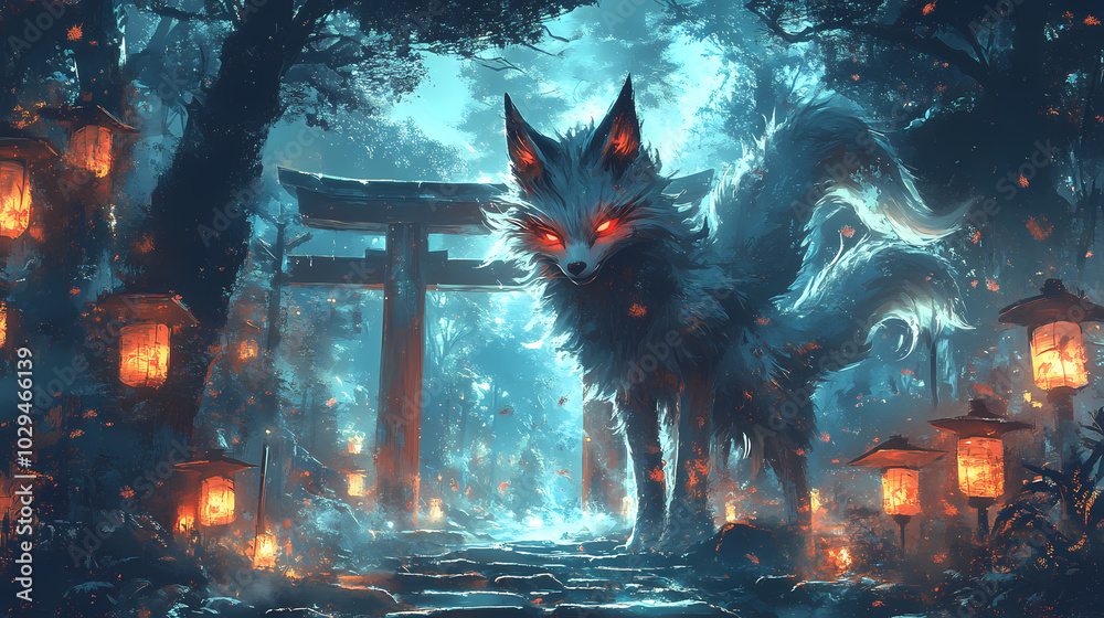 Naklejka premium Kitsune Yokai at Glowing Torii Gate: Mystical Anime Art