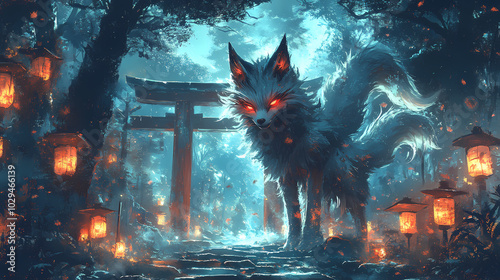 Wallpaper Mural Kitsune Yokai at Glowing Torii Gate: Mystical Anime Art Torontodigital.ca