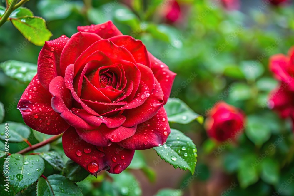 Red rose plant with raindrops reflected on leaves in garden Red rose plant with raindrops reflected on leaves in garden