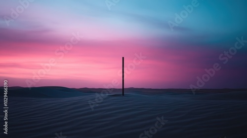 A solitary pole stands tall in the vastness of the desert at dusk, surrounded by a breathtaking palette of blue and pink hues in the expansive sky above.