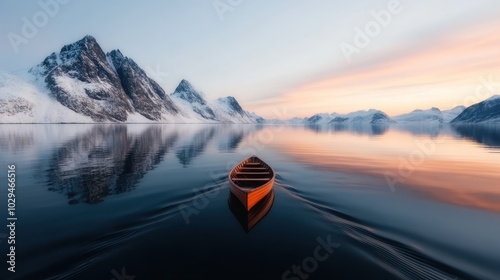 A serene boat journey through a majestic mountain lake at sunset, reflecting the dramatic, snow-capped peaks, inspiring adventure and peaceful solitude in nature. photo